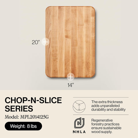 John Boos Chop-N-Slice Series, Maple Cutting Board w/Eased Corners, 1.25" Thick Butcher Block - Wooden Reversible Kitchen Prep Chopping Slab w/Edge Grain Construction, 20" x 14"