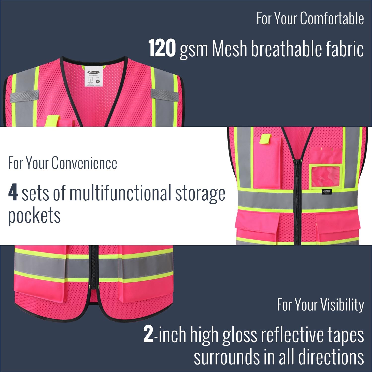 JKSafety Safety Vest for men women Reflective Vest with Pockets and Zipper High Visibility Vests BX340