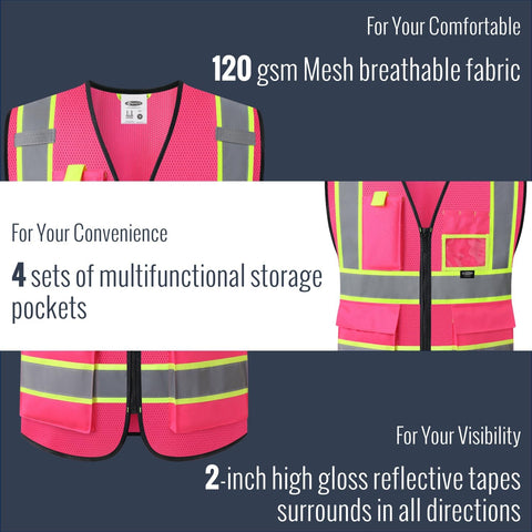 JKSafety Safety Vest for men women Reflective Vest with Pockets and Zipper High Visibility Vests BX340