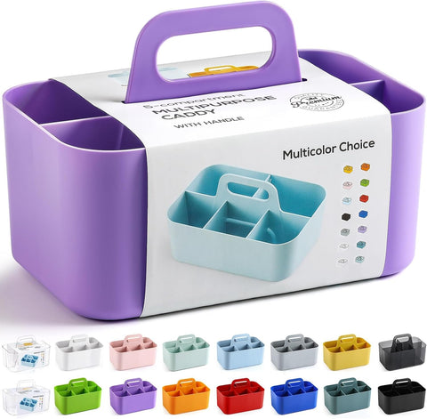 Multiuse Caddy Organizer with Handle, Portable Divided Plastic Tote Bin - Art Craft, Stationary Pen Marker Crayon, Makeup Hair Supplies Storage - Bathroom, Classroom, Dorm, Office, Desk Holder -Purple