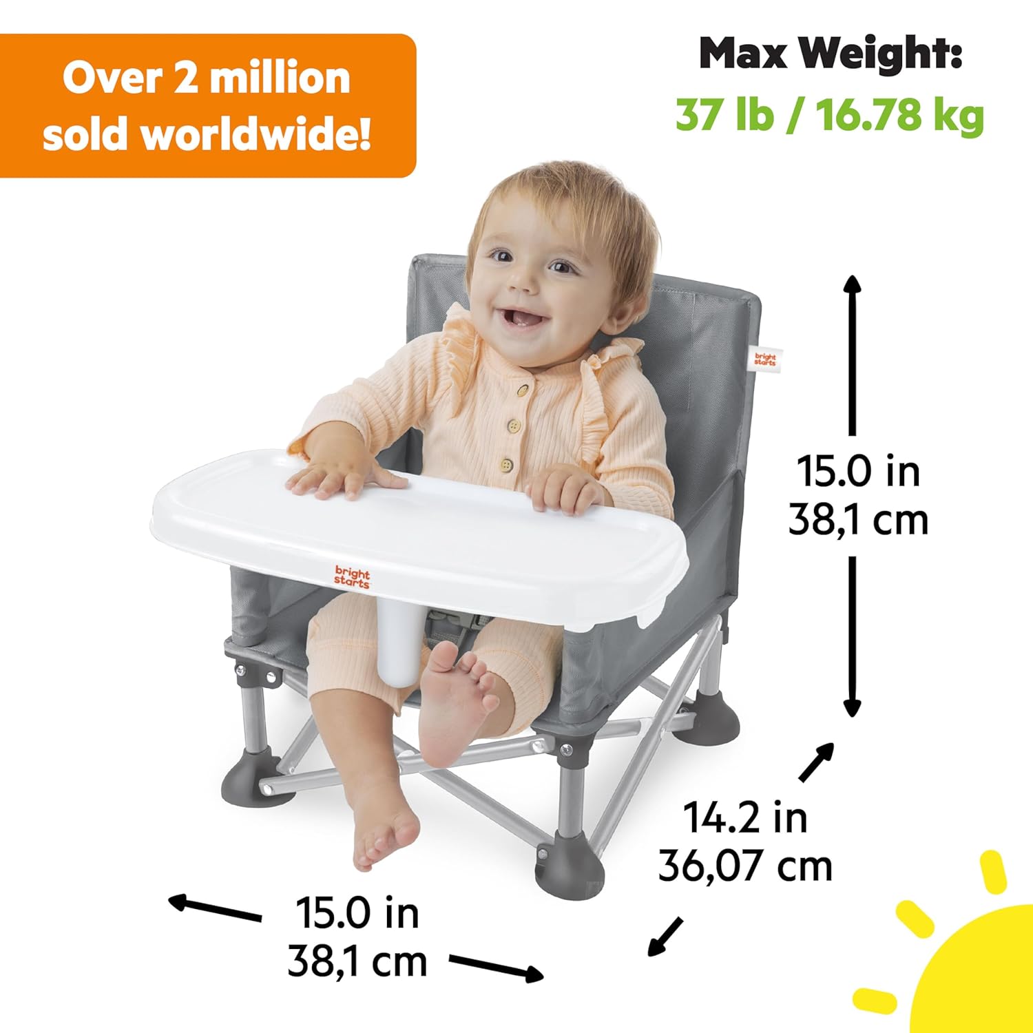 Bright Starts Pop ‘N Sit Portable Booster Seat, 3-in-1 Floor Seat, Travel High Chair & Toddler Booster with Feeding Tray, Indoor/Outdoor, Grey, 6 Months–3 Years