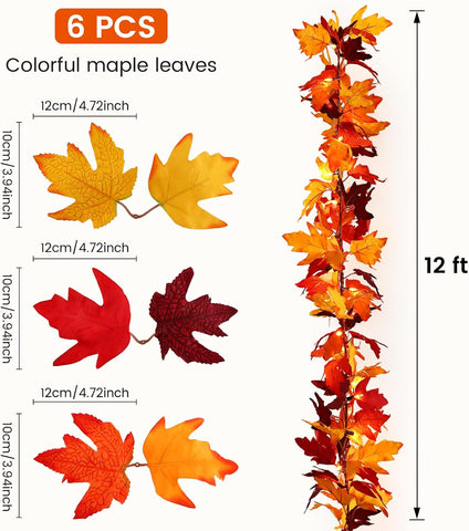 Timer-12Ft 50 LED Fall Garland with Lights,8 Modes Battery Operated Waterproof Fall Decorations Maple Leaf Lights for Mantle Fireplace Table Indoor Thanksgiving Decor