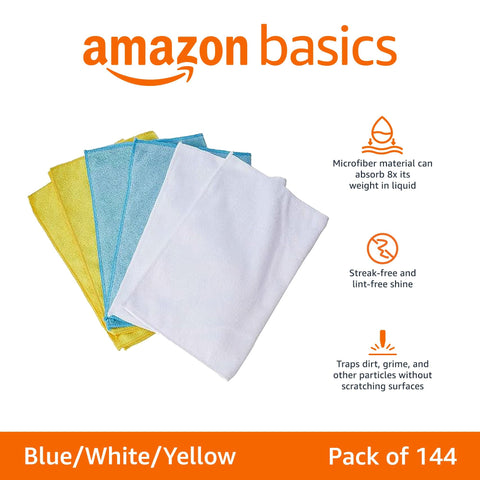 Amazon Basics Microfiber Cleaning Cloths for Cars, Non-Abrasive, Highly Absorbent, Lint Free, Reusable and Washable, Pack of 144, Blue/White/Yellow, 16" x 12"