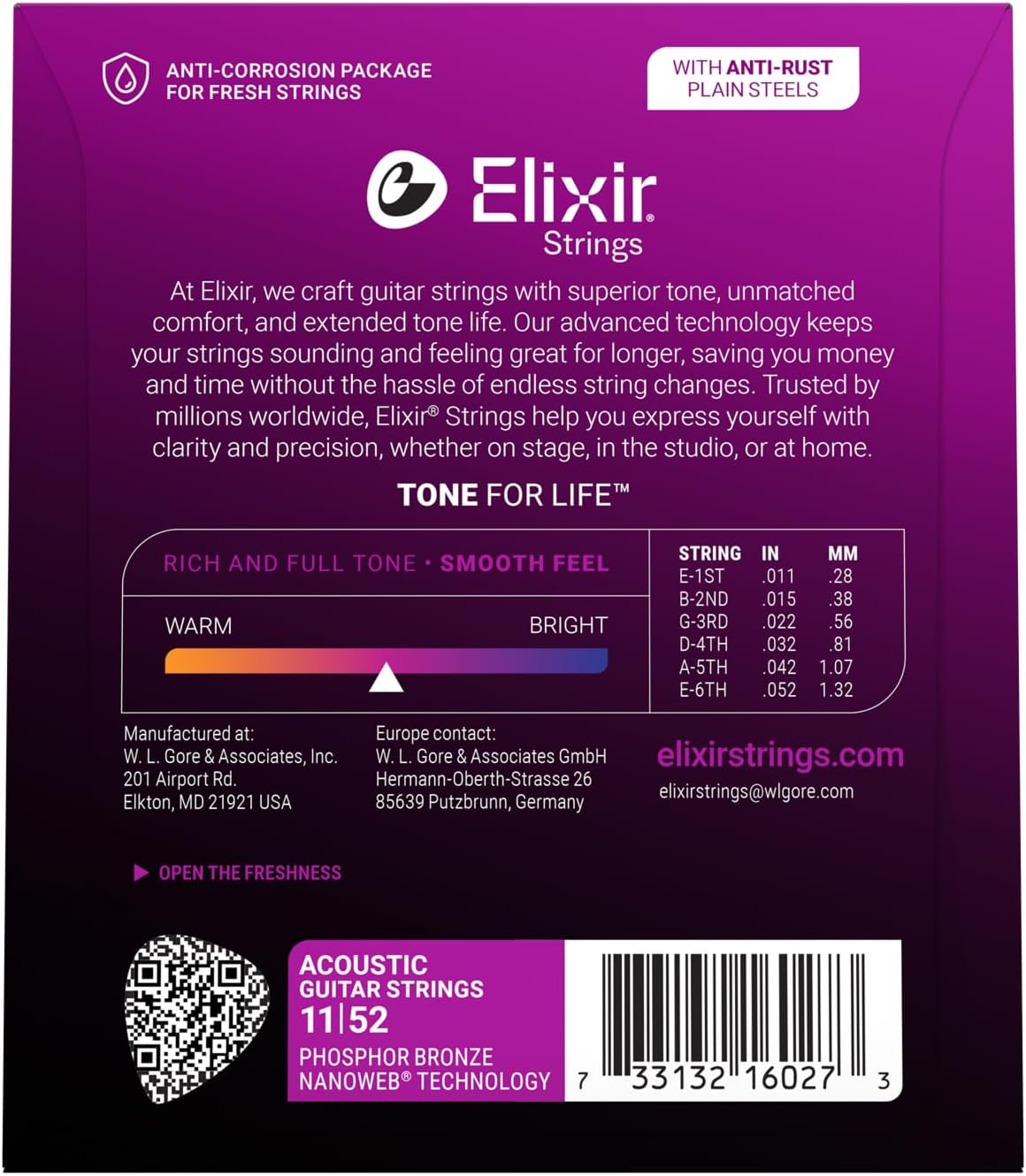 Elixir Strings, Acoustic Guitar Strings, Phosphor Bronze with NANOWEB Technology, Longest-Lasting Rich and Full Tone For Life with Comfortable Feel, 6 String Set, Custom Light 11-52