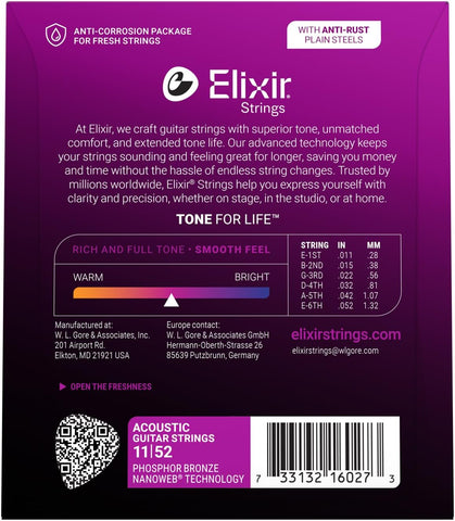 Elixir Strings, Acoustic Guitar Strings, Phosphor Bronze with NANOWEB Technology, Longest-Lasting Rich and Full Tone For Life with Comfortable Feel, 6 String Set, Custom Light 11-52