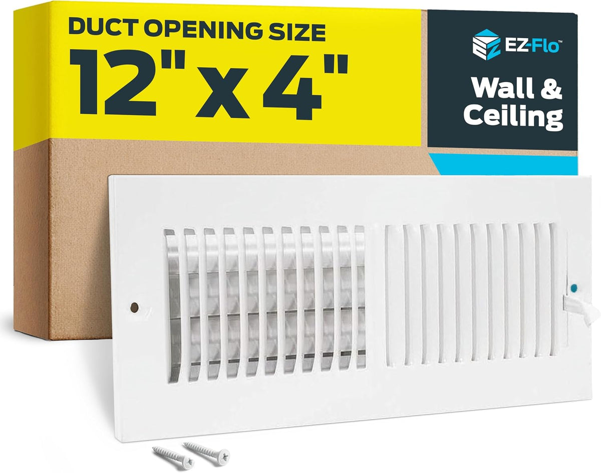EZ-FLO 12 x 4 Inch (Duct Opening) Air Vent Cover for Wall or Ceiling, Two-Way Ventilation Register, Solid Steel HVAC Register Cover, White, 61611