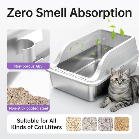 High-Sided Stainless Steel XL Cat Litter Box for Cats