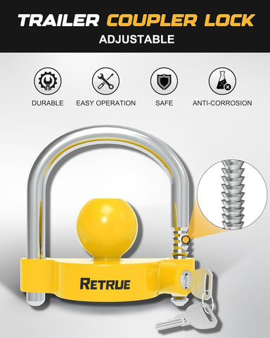 RETRUE Universal Trailer Coupler Lock, Adjustable Hitch Lock, Bright Yellow