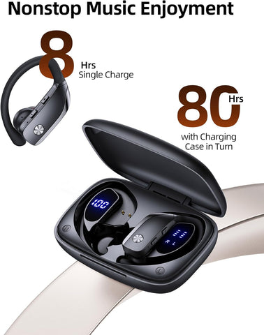 Wireless Earbuds Bluetooth Headphones Over Ear Hooks Ear Buds with 80H Playtime, LED Power Display, Dual Mic Clear Calls, Sports Wireless Ear Buds Bluetooth Earbuds for Running Gym Workout (Black)
