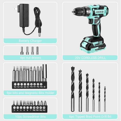 Power Drill Cordless: DEKO PRO Cordless Drill 20V Electric Power Drill Set Tool for Women Drills with Battery and Charger 20 Volt Drills Driver Kit Turquoise