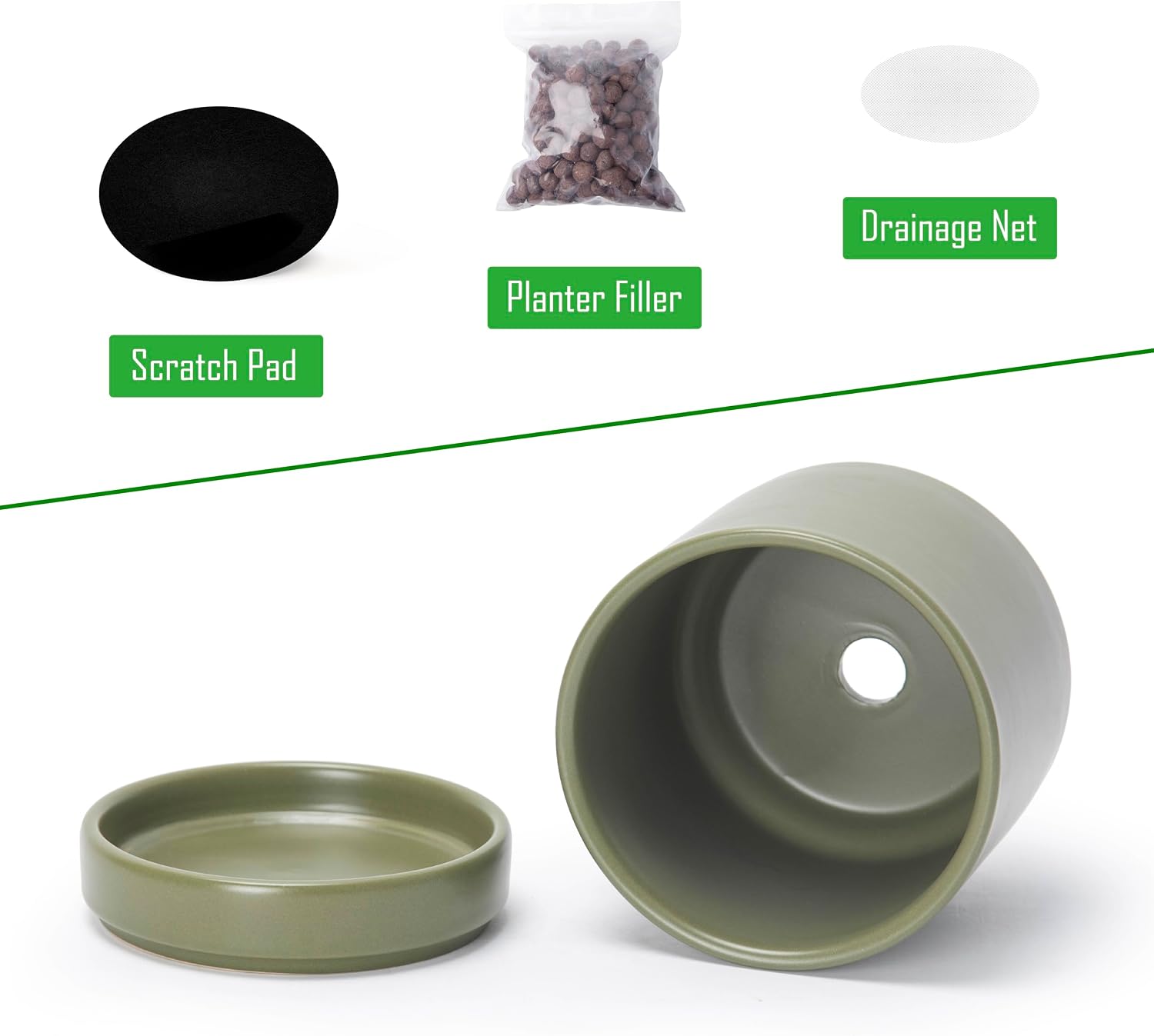 D'vine Dev 4-Pack Ceramic Pots with Saucers, Olive, 3.5 in, 94-X-A-0