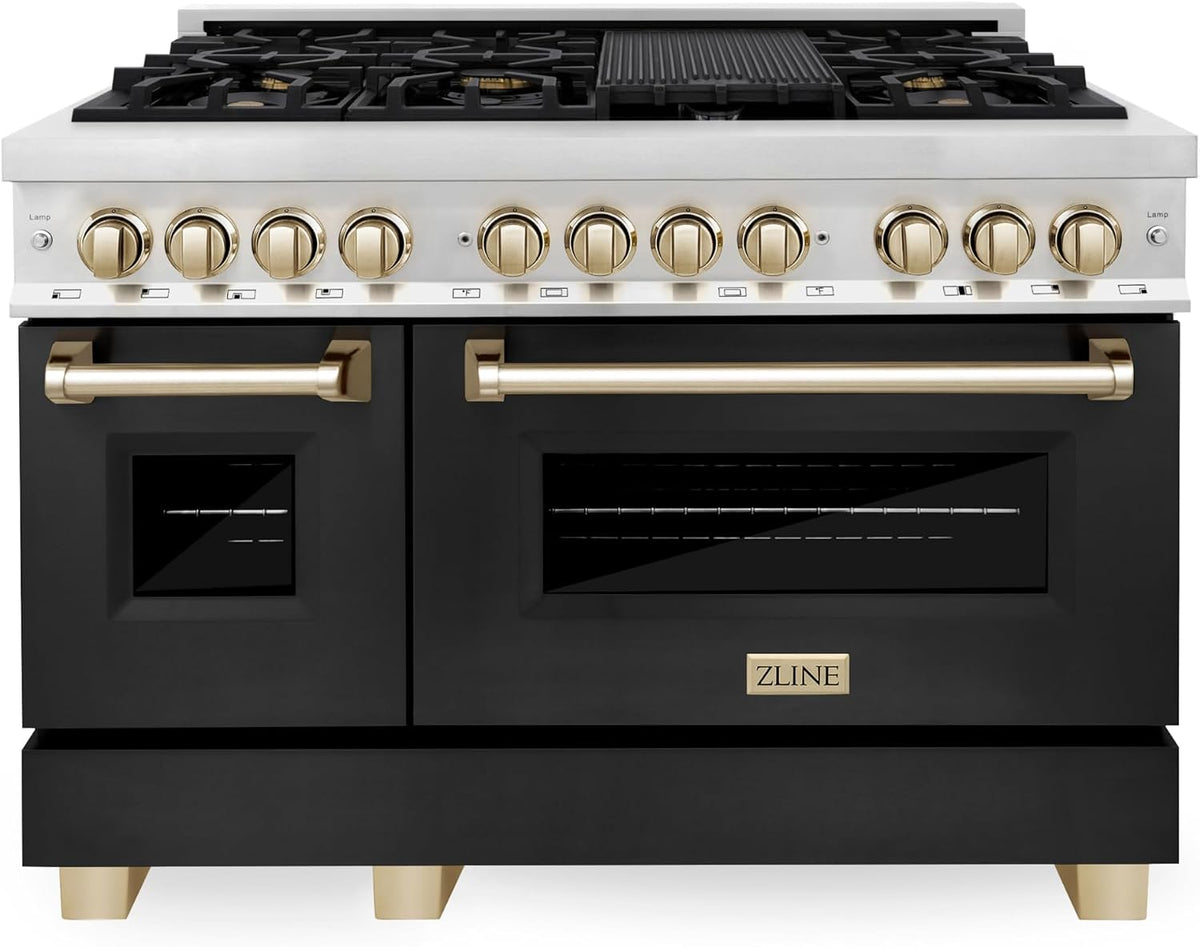 ZLINE Autograph Edition 48 in. 6.0 cu. ft. Legacy Dual Fuel Range with 7 Burner Gas Cooktop and 2 Electric Ovens in Stainless Steel with Black Matte Doors and Polished Gold Accents (RAZ-BLM-48-G)