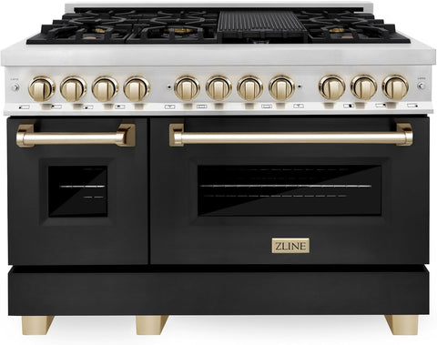 ZLINE Autograph Edition 48 in. 6.0 cu. ft. Legacy Dual Fuel Range with 7 Burner Gas Cooktop and 2 Electric Ovens in Stainless Steel with Black Matte Doors and Polished Gold Accents (RAZ-BLM-48-G)