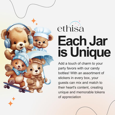 Ethisa Small 12 Pack We Can Bearly Wait Party Favors for Boy - Candy Jars with Bowties and Stickers - DIY Party Decoration Bottles for Baby Shower and Gender Reveal - Blue Teddy Bear Table Centerpiece