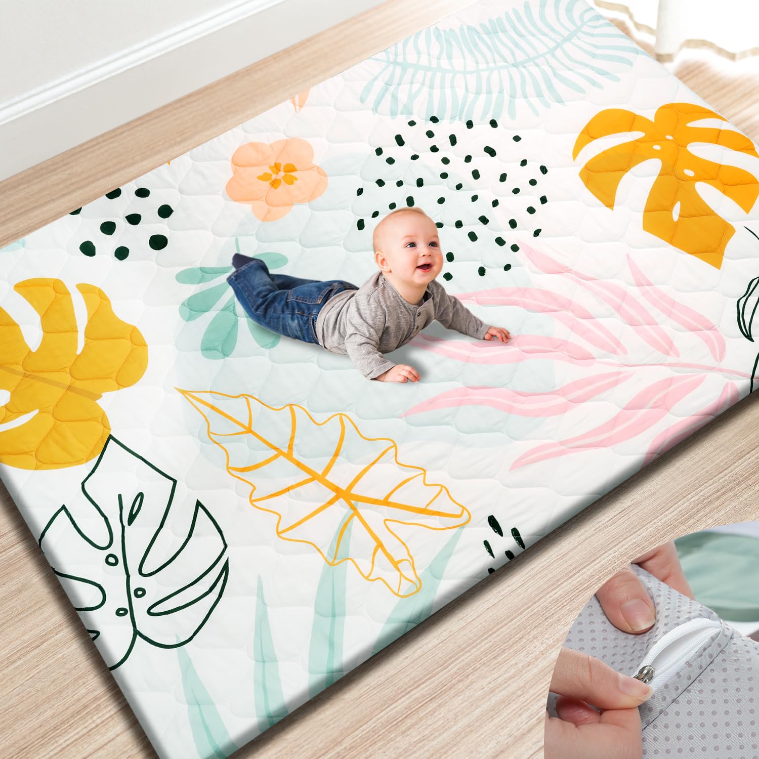 TINYHARBO Premium Foam Baby Play Mat 74x50 – Removable & Machine Washable Cover, Extra Thick Padding Playpen Mat, Non-Slip Crawling Mat, Easy to Clean for Infants, Toddlers & Babies
