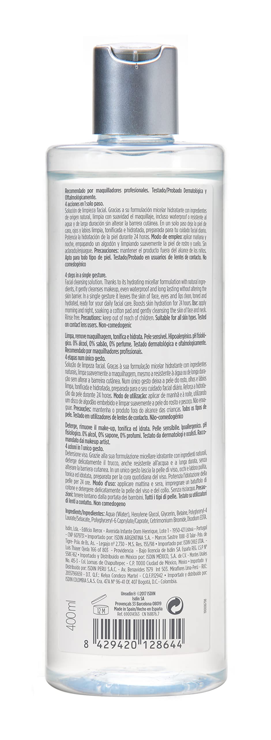 ISDIN Micellar Solution, 4 in 1 Makeup Remover, Cleanser, Hydrating Toner - Suitable for Sensitive Skin, 13.5 Fl. Oz