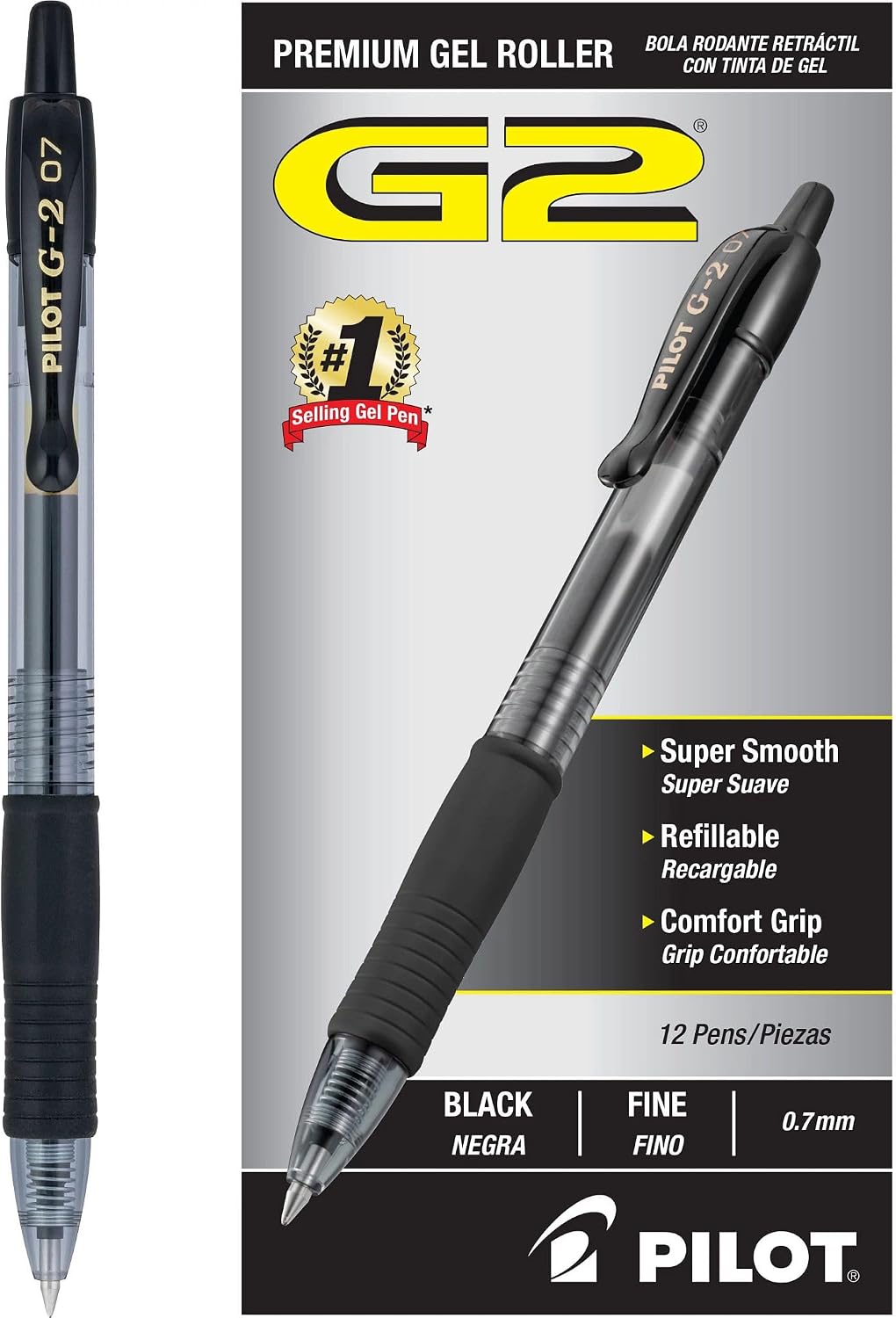 PILOT G2 Pens, Premium Refillable and Retractable Rolling Ball Gel Pens, Fine Point, 0.7mm, Black Ink, 12-Pack