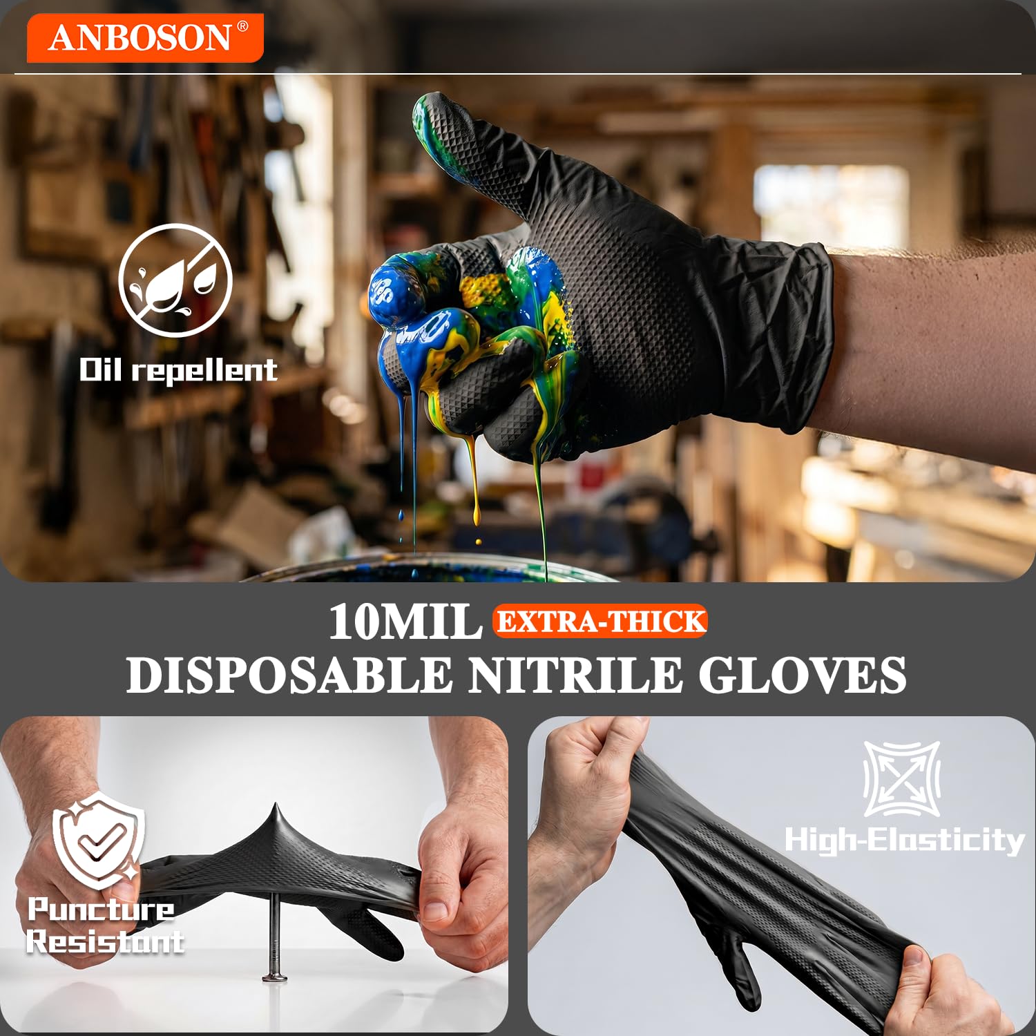ANBOSON 10 Mil Heavy Duty Mechanic Nitrile Gloves, Medium Black 100 Count