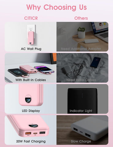 citicr Portable Charger 10000mAh PD20W w/Built-in Cables & Wall Plug Pink