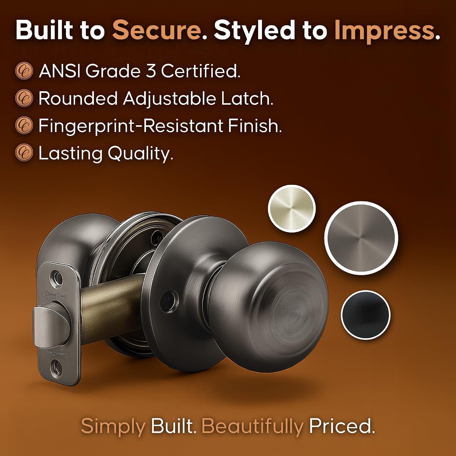 Copper Creek Colonial Passage Interior Door Knob – ANSI Grade-3 Certified, Modern Heavy Duty Handle, Easy Install and Reversible for Bedroom, Bathroom and Closets – Antique Nickel (1 Pack)