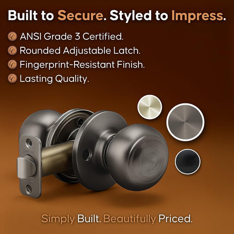 Copper Creek Colonial Passage Interior Door Knob – ANSI Grade-3 Certified, Modern Heavy Duty Handle, Easy Install and Reversible for Bedroom, Bathroom and Closets – Antique Nickel (1 Pack)