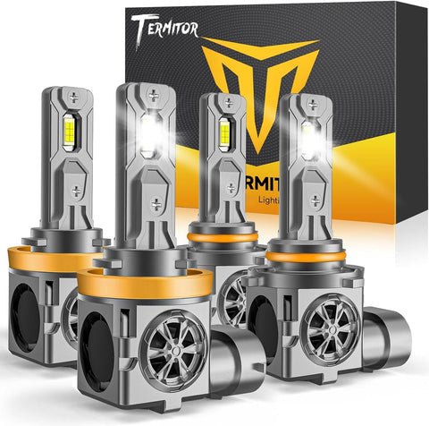 Termitor H11/H9 & 9005/HB3 LED Bulb Combo, 15X Output 150,000LM 6500K, IP68 Waterproof 1:1 Halogen Fit, Canbus Ready, Extended Life Plug & Play, Pack of 4