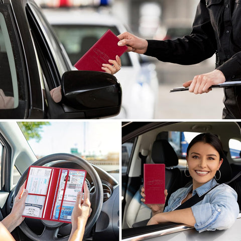 Car Registration and Insurance Card Holder for Women Men, Red Glove Box Paperwork Organizer with Magnetic Buckle for Easy Access and Protect Documents and Various Cards in Vehicle