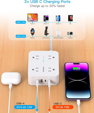 HANYCONY Surge Protector Power Strip, 1080J, 5 Ft Braided Extension Cord