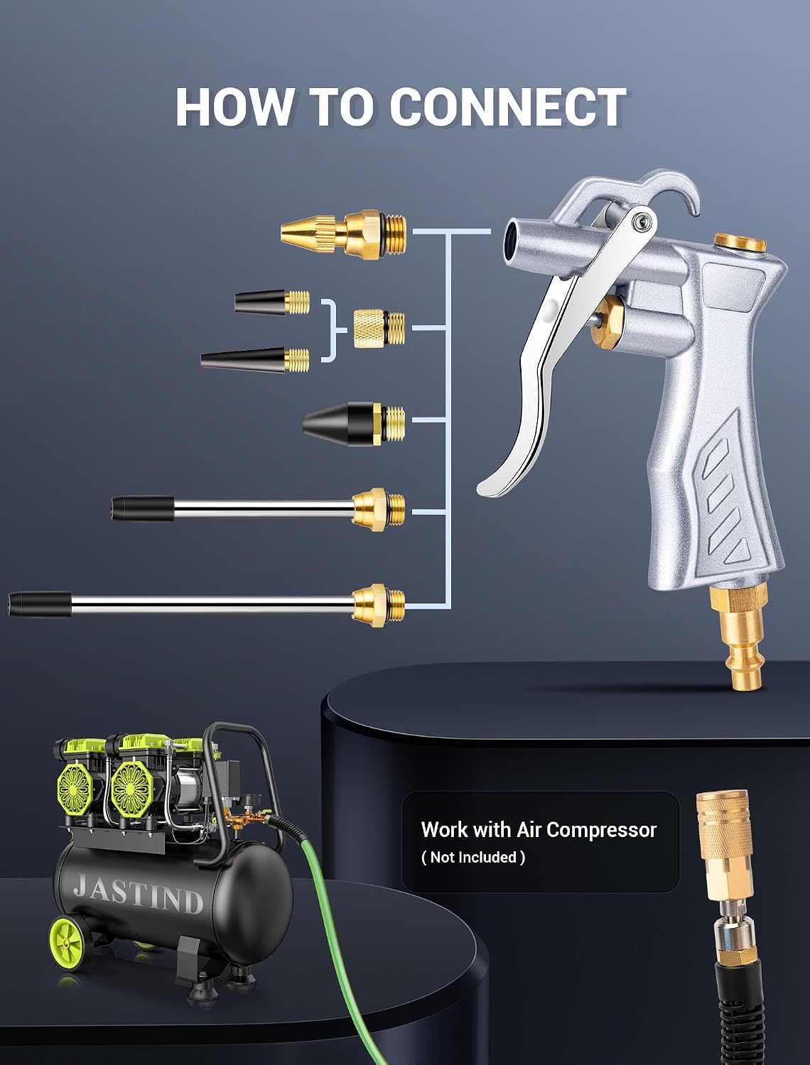JASTIND Industrial Air Blow Gun with Brass Adjustable Air Flow Nozzle Kit