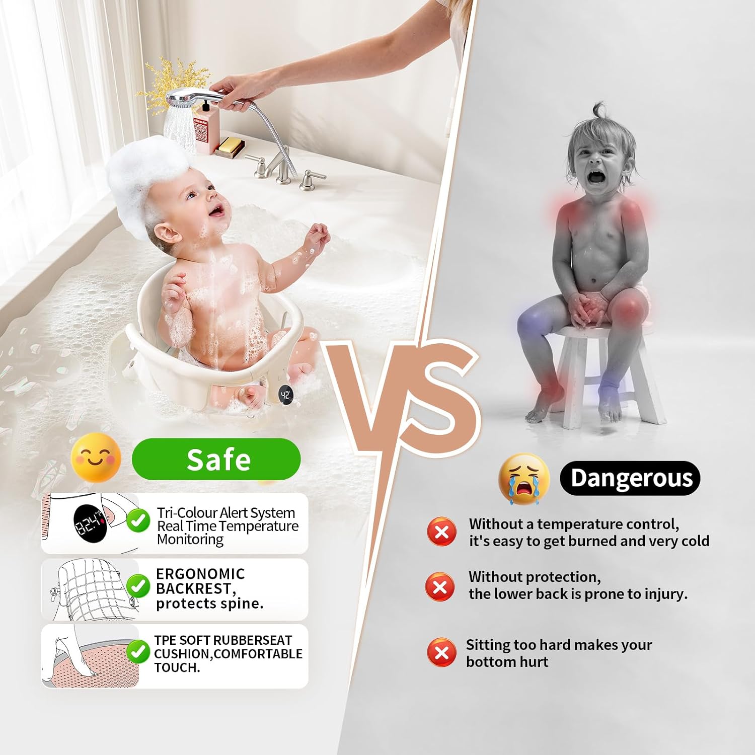 Baby Bath Seat 6+ Months with Temp Display Non-Slip Suction Base Tub Seat