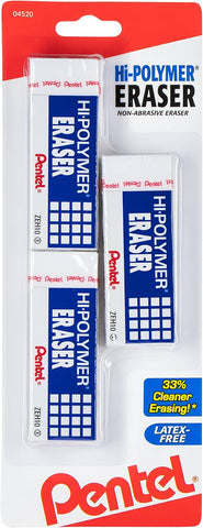 Pentel Hi-Polymer Block Eraser, Large, White, Pack of 3 (ZEH10BP3-K6)