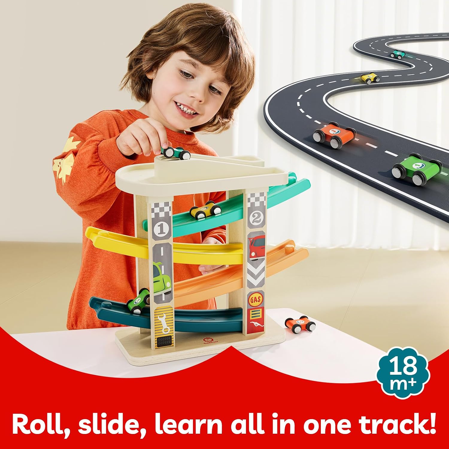 TOP BRIGHT Toddler Toys for 2 Year Old Boy, Wooden Car Ramp Race Track Set