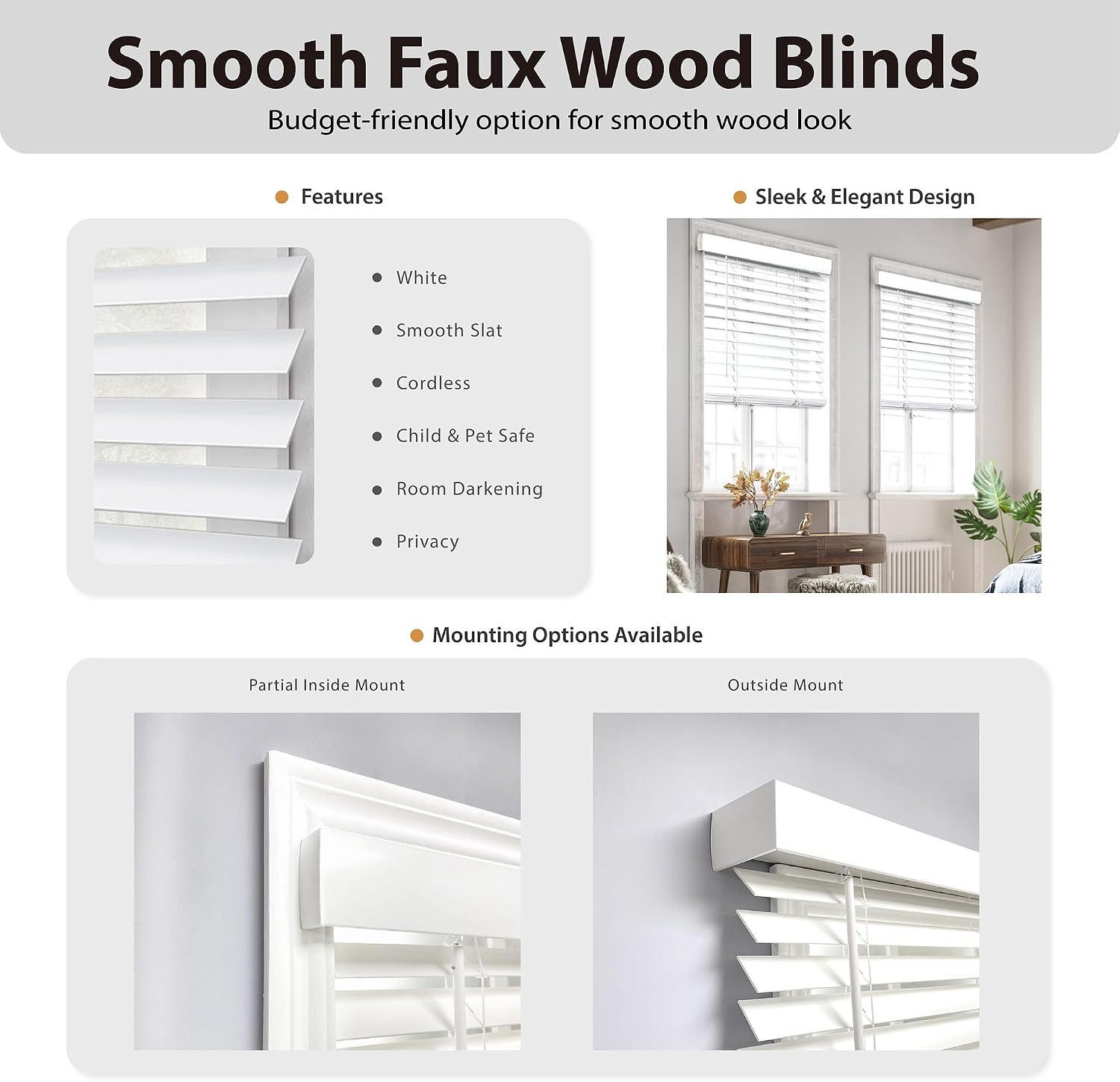 DEZ FURNISHINGS Cordless 2" Smooth Faux Wood Blind, 22.75" W x 60" H, Smooth White