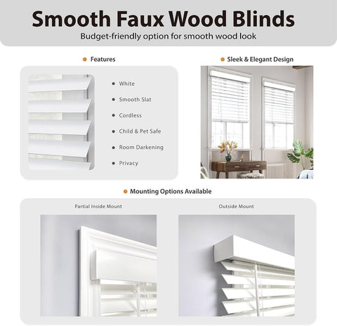 DEZ FURNISHINGS Cordless 2" Smooth Faux Wood Blind, 22.75" W x 60" H, Smooth White