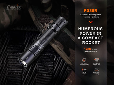 Fenix PD35R Tactical Flashlight, USB-C Rechargeable, 1700 Lumen with Organizer