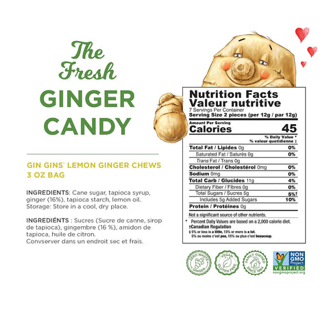 GIN GINS Lemon Ginger Chews – Natural Fresh Ginger Candy by The Ginger People – Individually Wrapped Healthy Candy – Lemon Flavor – 3 oz Bag – Pack of 1