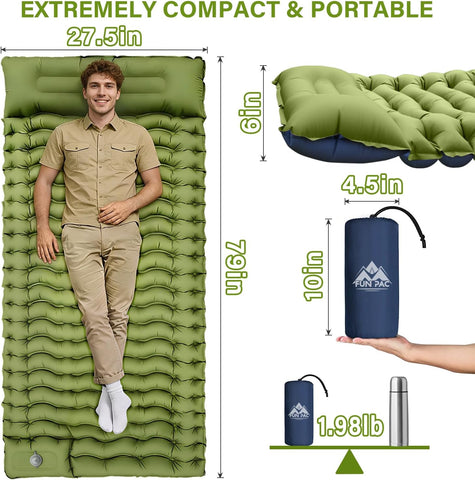 FUN PAC Camping Sleeping Pad, Ultralight Camping Mat with Pillow, Built-in Foot Pump Inflatable Sleeping Pads Compact for Camping Backpacking Hiking Traveling Tent,Single,Green