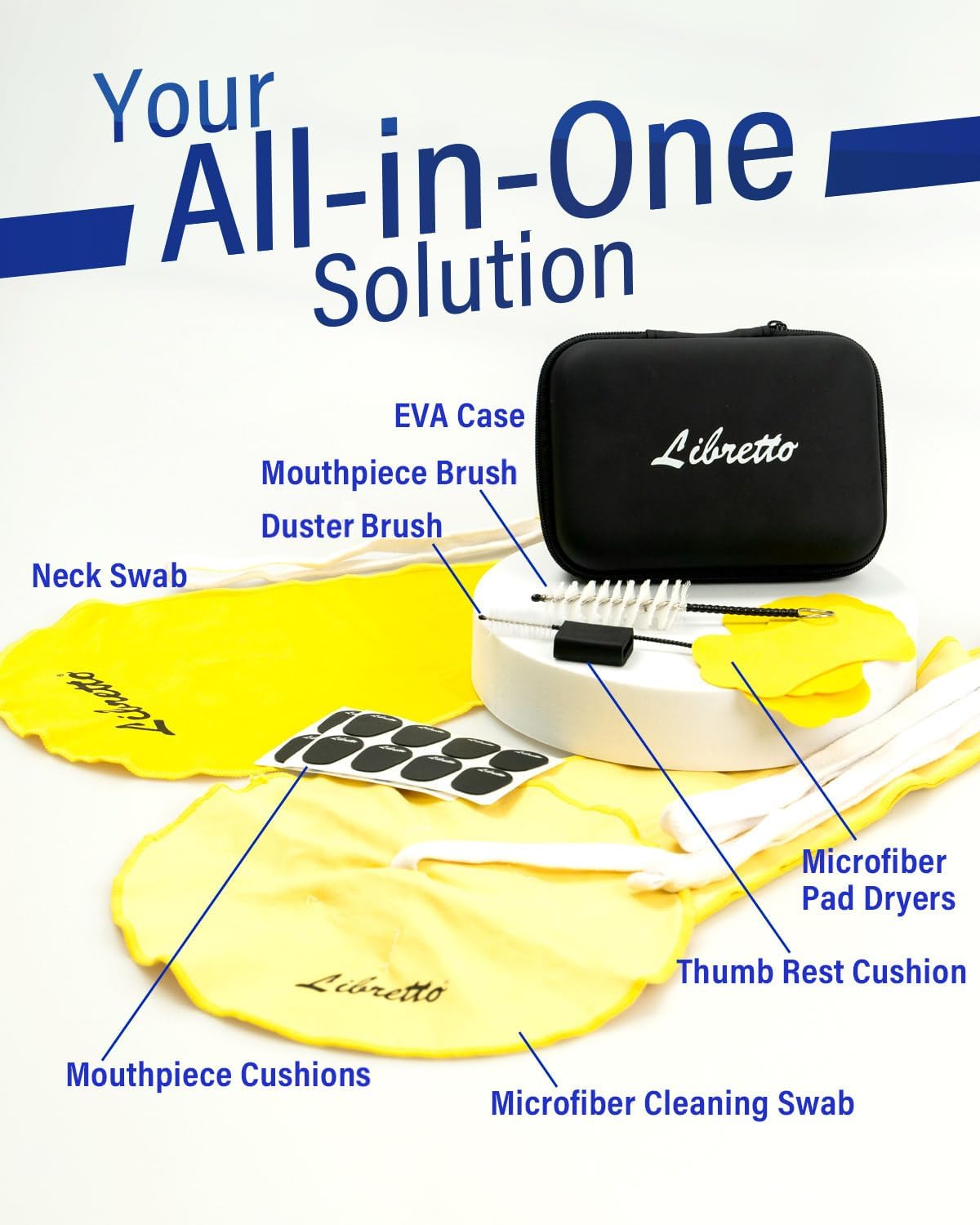 Libretto Alto Saxophone Cleaning Kit with EVA Case, Including 2 Microfiber Cleaning Swabs, 16 Mouthpiece Cushions, Mouthpiece Brush, Dust Brush, Thumb Cushion, 3 Microfiber Pad Dryers.