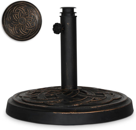 Backyard Expressions Round Heavy Duty Patio Umbrella Base – Weather Resistant Calcium Carbonate Resin with Bronze Weave Design – Fits 1.5" to 2" Poles, Easy Assembly, UV & Fade Resistant