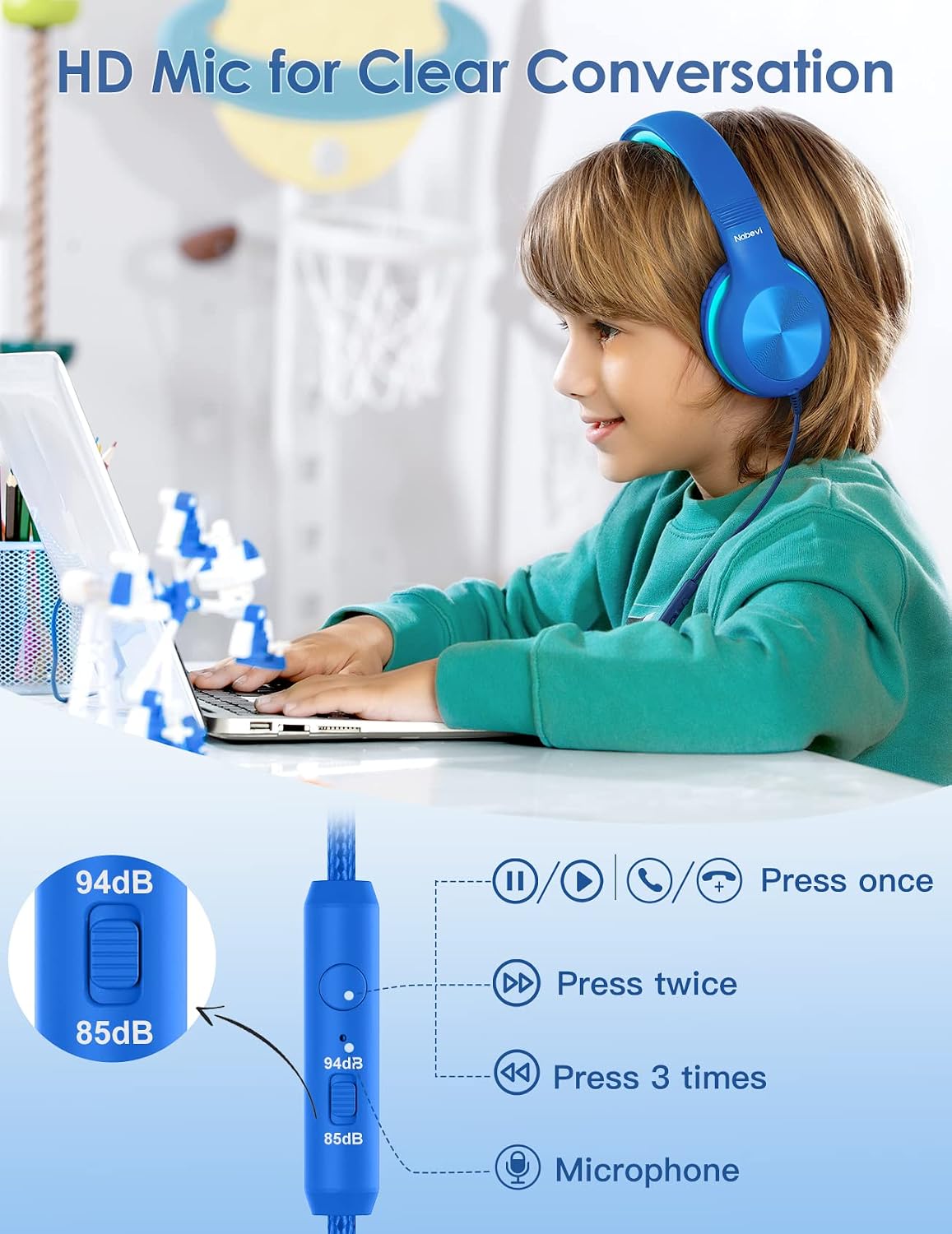 Nabevi Kids Headphones with Cord, Over-Ear Headphones for Kids with Microphone, 85/94dB Volume Limit, Headset for Kid Boys Girls with Shareport, Wired Toddler Headphone for School/Tablet/iPad/Travel
