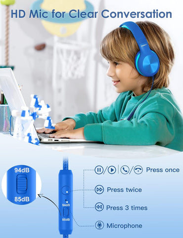 Nabevi Kids Headphones with Cord, Over-Ear Headphones for Kids with Microphone, 85/94dB Volume Limit, Headset for Kid Boys Girls with Shareport, Wired Toddler Headphone for School/Tablet/iPad/Travel