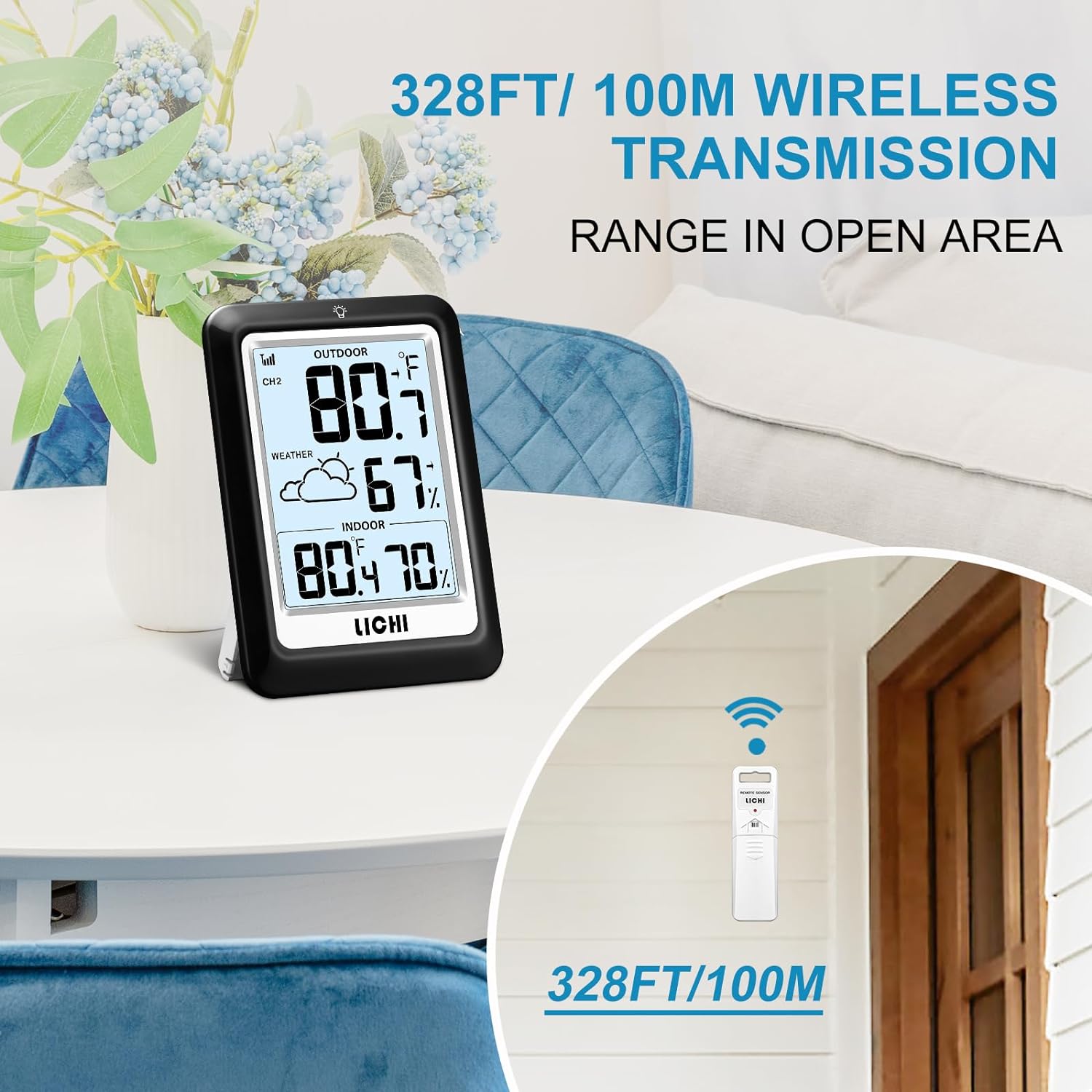 Indoor Outdoor Thermometer Wireless Weather Station, Internal External Thermometer Hygrometer, Home Batteryoperated Temperature Humiditymonitors330 Feet (About 100 Meters) Backlight Display (Black)