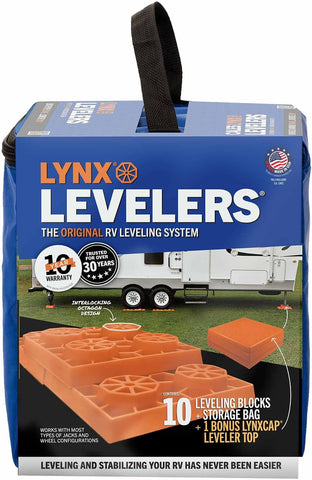 Lynx Levelers 11 Pack Including 1 Lynx Cap Level Top for RV/Trailer/Motorhome/Vanlife Interlocking Leveling Blocks with Storage Bag for Most Leveling and Stabilizing Functions. 00015, Made in USA.