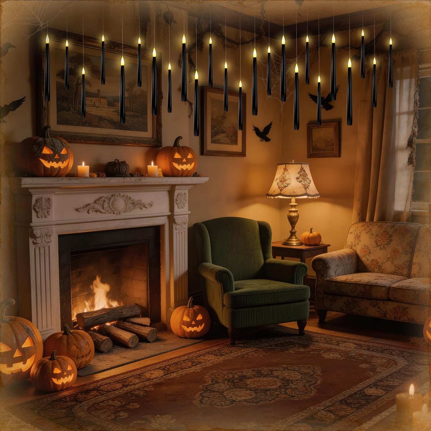 Homemory 20PCS Black Floating Candles with Wand Remote, Flameless Hanging Taper Candle with Flickering Warm Light, Battery Operated Magic Deco Candles for Halloween, Christmas, Birthday, Indoor Decor