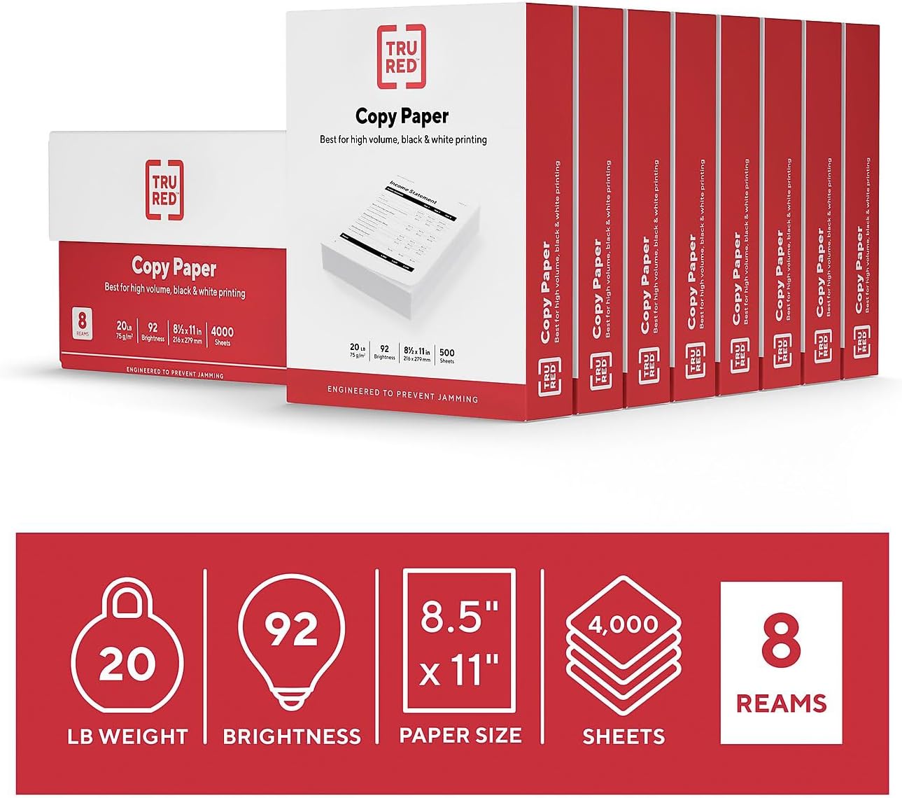 TRU RED by Staples Copy/Printer Paper, 8.5x11, 20lb, 92 Bright, 4,000 Sh/Ct
