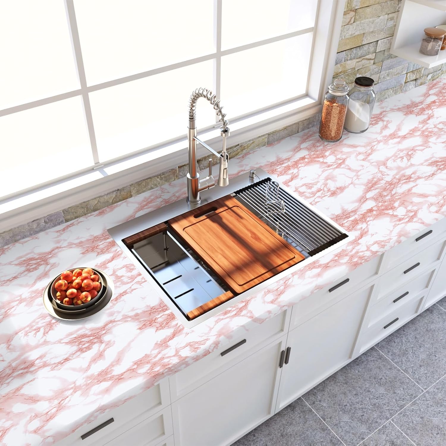 Marble Contact Paper Pink Peel and Stick Wallpaper for Kitchen Countertop