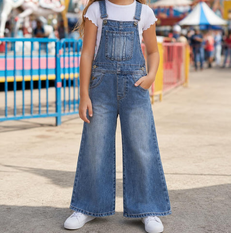 KIDSCOOL Girls Denim Overalls, Little Big Wide-Leg Jean Dungarees Pants