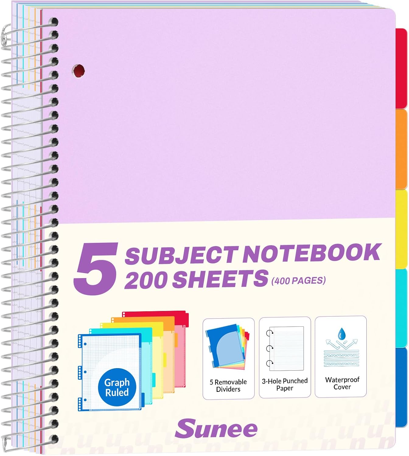 SUNEE 5 Subject Notebook College Ruled - 400 Pages, 9"x11", 5 Pocket Colored Dividers, 3-Hole Punched Paper, Purple