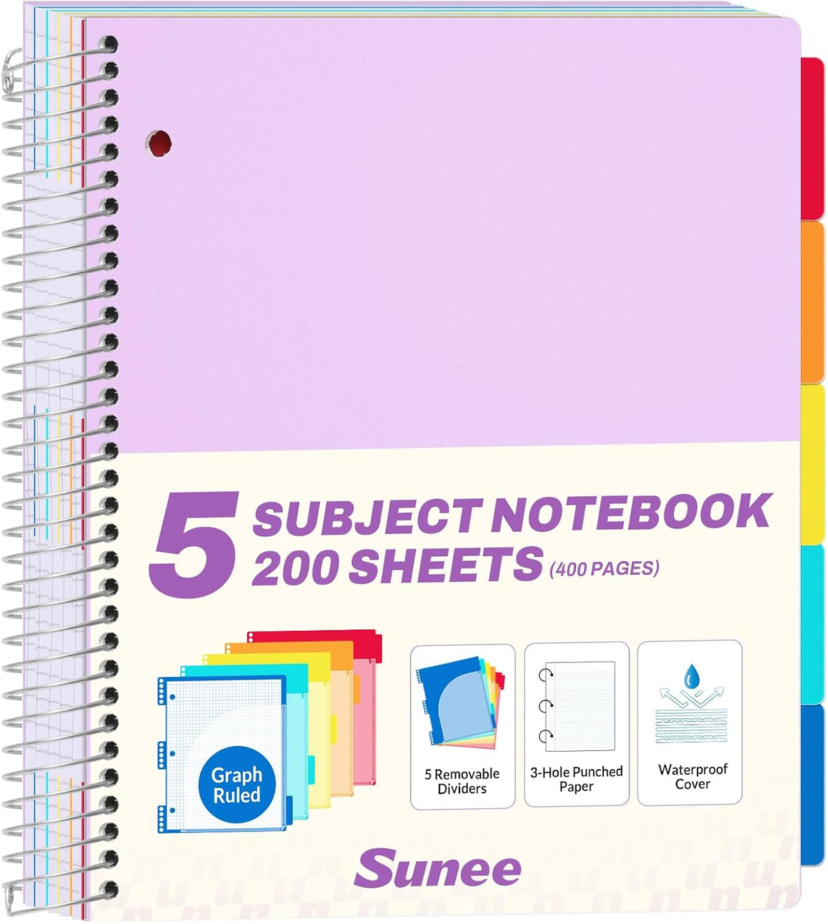 SUNEE 5 Subject Notebook College Ruled - 400 Pages, 9"x11", 5 Pocket Colored Dividers, 3-Hole Punched Paper, Purple