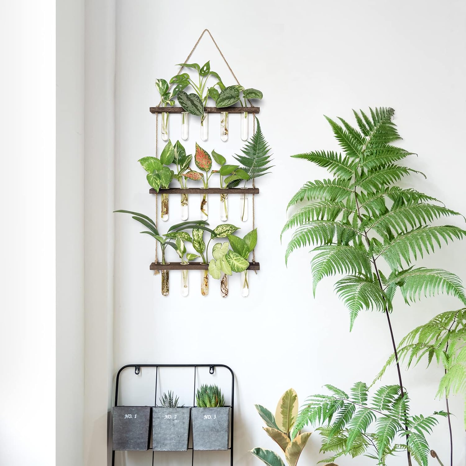 Mkono Plant Propagation Station, 3 Tier Brown Wall Hanging Vase Test Tubes